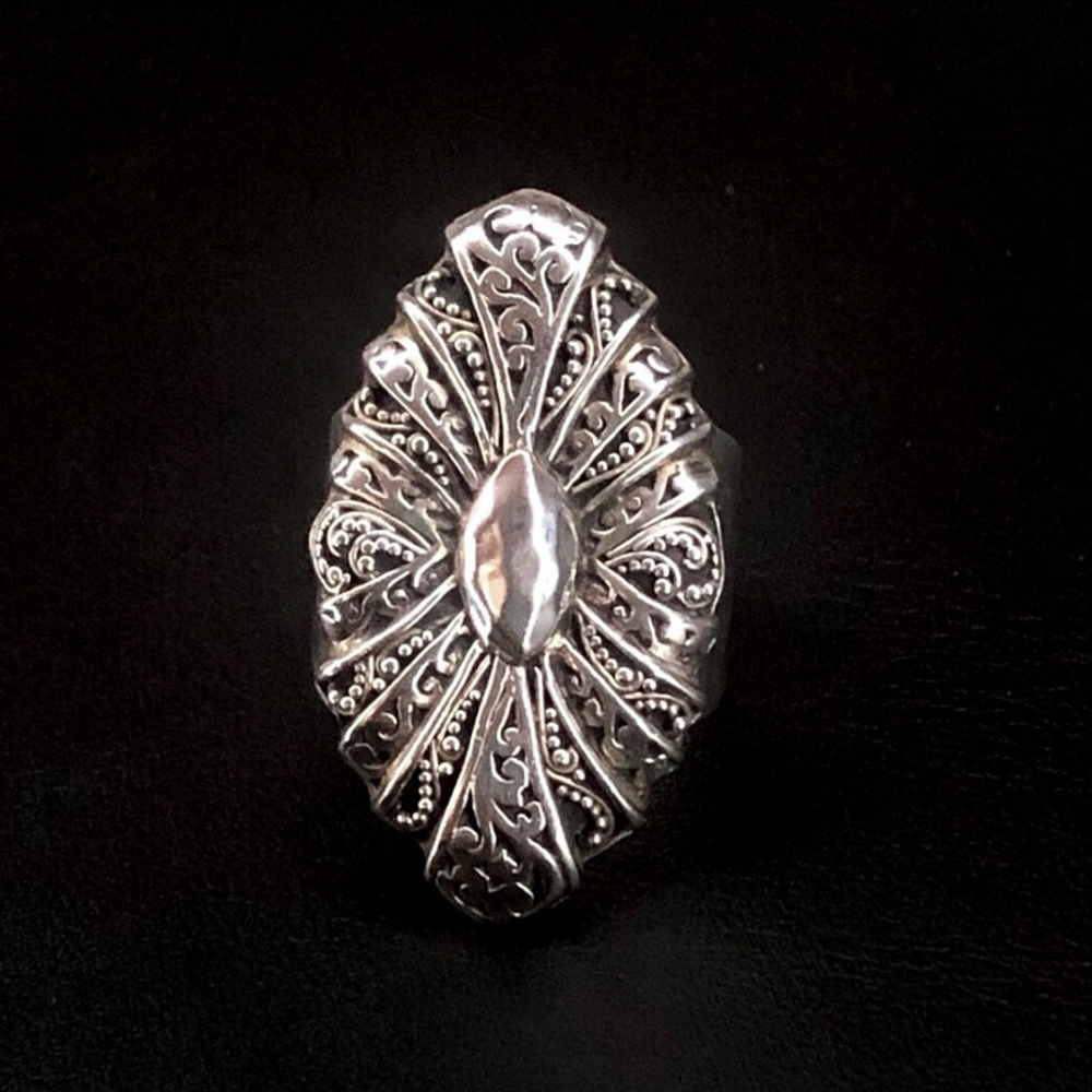 LOIS HILL Sterling Silver Floral Alternating Cutout Caviar Petals Ring Sz 9-1/4